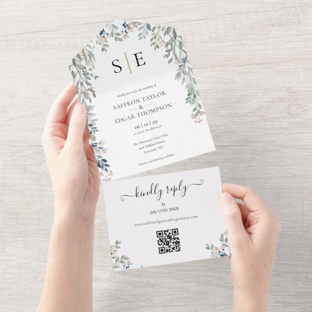 Código QR de Monograma de Verdura Floral Casamento (Aba destacável)