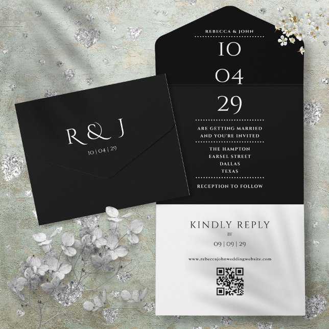 Código QR de Monograma Preto e Branco com Data de  (Black An White Monogram QR Code Wedding Date All In One Invitation)