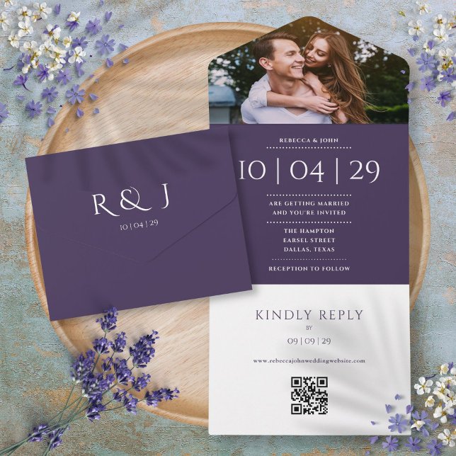 Código QR de Monograma Roxo com Data de Casamento  (Purple Monogram QR Code Photo Wedding Date All In One Invitation)