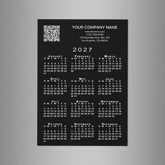 Código QR de Negócios Personalizado Calendário 202 (Custom Business QR Code 2027 Calendar Black Magnet in situ)