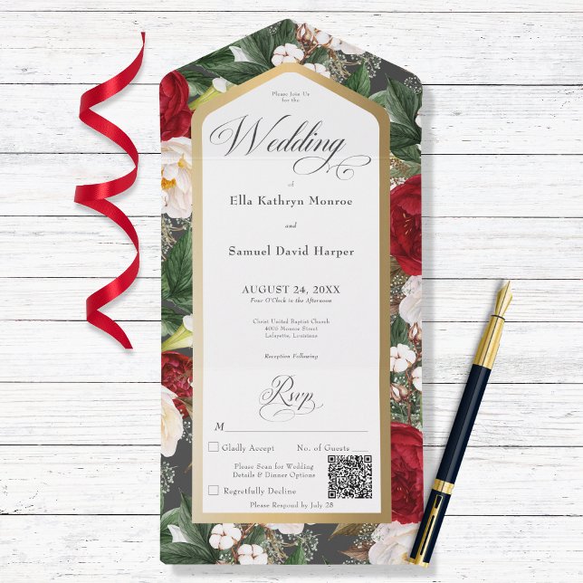 Código QR de Quadro Floral Dourado Vermelho e Bran (Criador carregado)