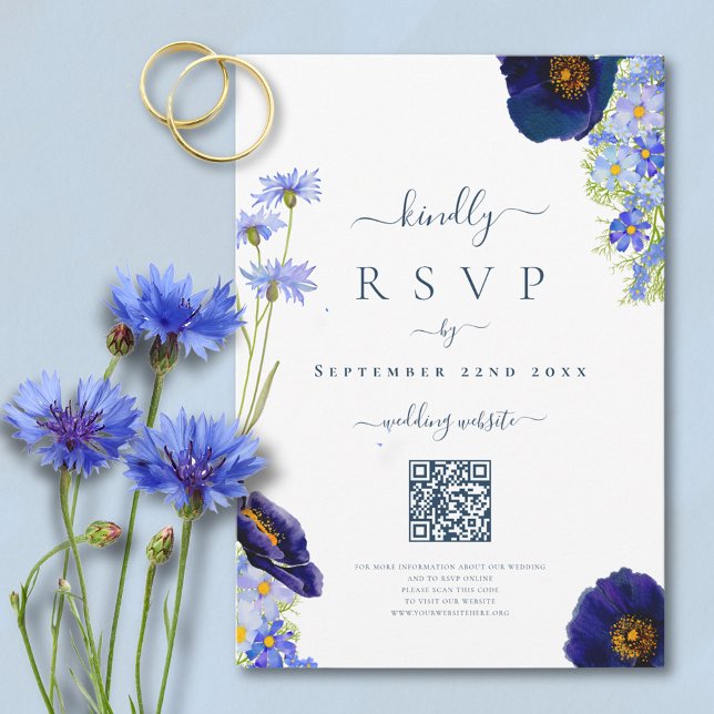 Código QR de Resposta de Casamento Floral Azul Ele (Modern wildflower watercolor blue summer floral online RSVP QR Code with elegant typography script)