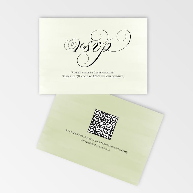 Código QR de Resposta de Confirmação de Casamento  (Sage green script RSVP card with QR code for quick and easy wedding replies)