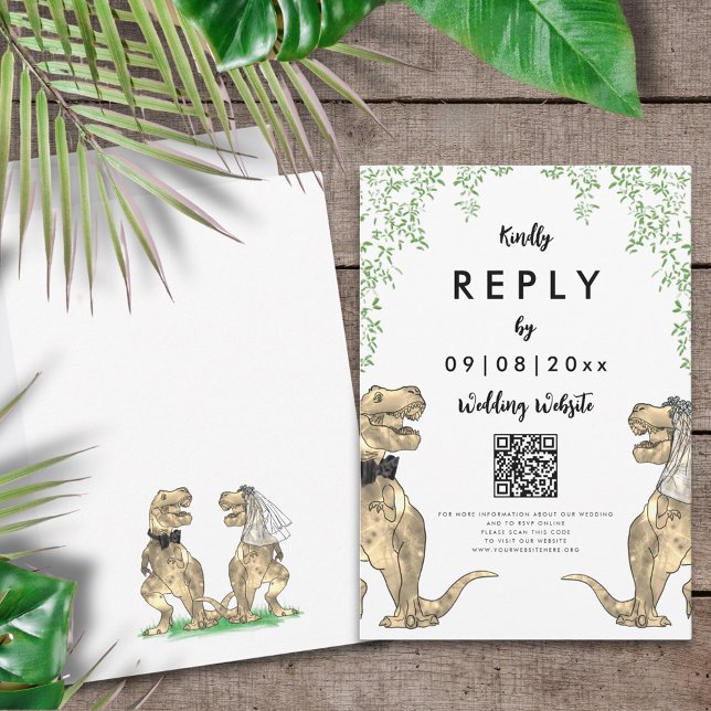 Código QR de Resposta do Site de Casamento de Dino (T-Rex bride and groom dinosaur wedding themed invitation online reply website qr code enclosure card)