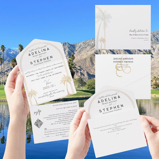 Código QR de RSVP de Destino Tropical Boho com Pal (Custom Boho Destination Wedding Invitation with elegant palm trees and QR code tear-off RSVP card.)