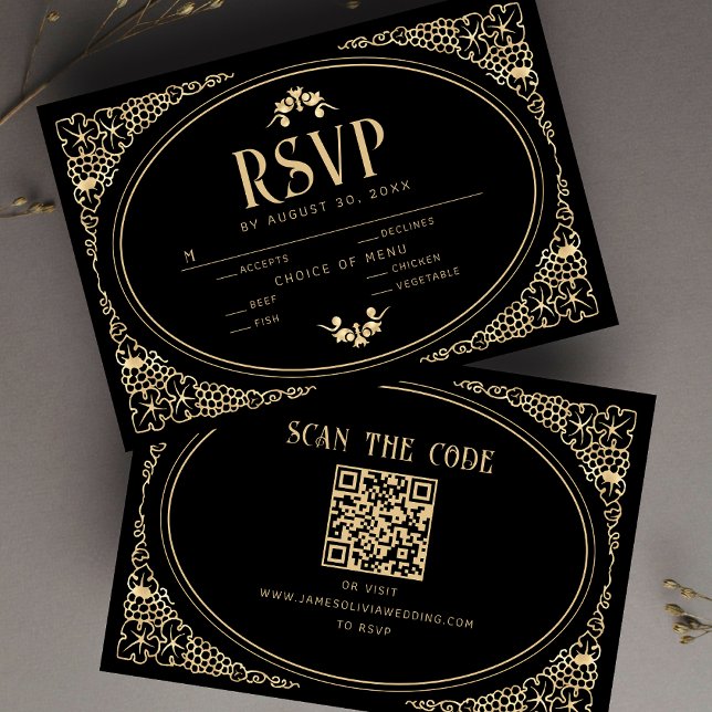 Código QR de RSVP Dourado de preto e preto de arte (Criador carregado)