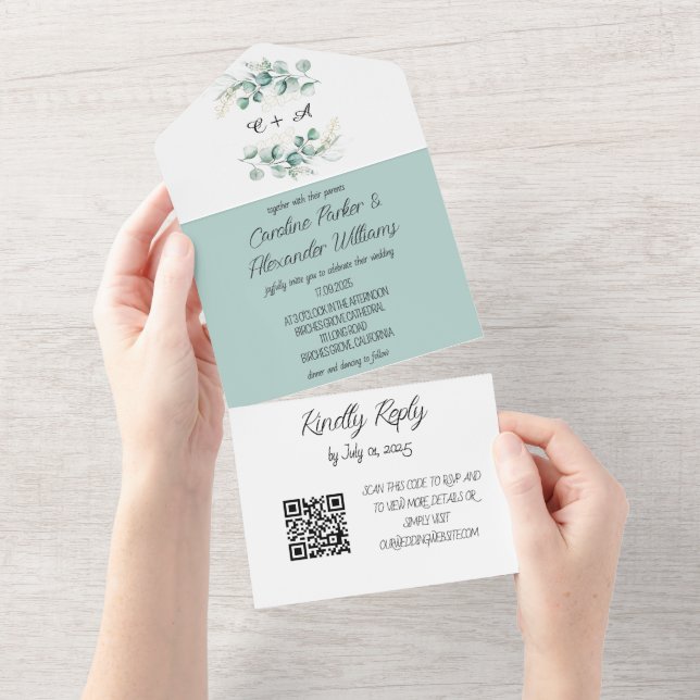 Código QR de RSVP Moderno de Script Eucalyptus Ele (Aba destacável)