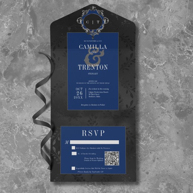 Código QR de Satin Floral Azul e Preto Gótico Escu (Dark Gothic Black & Blue Floral Satin QR Code All In One Invitation)