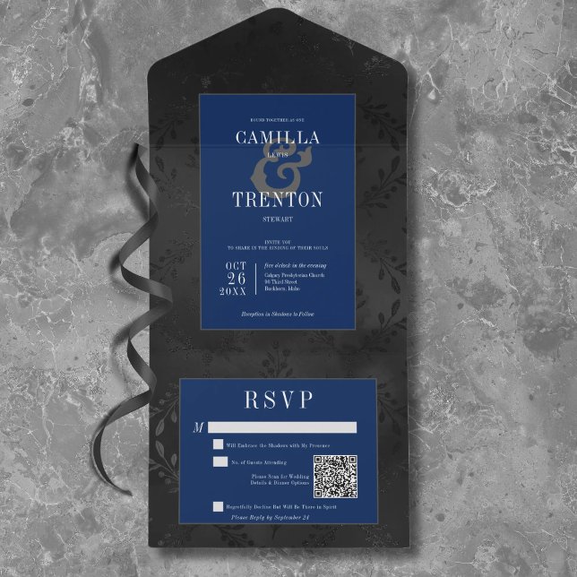 Código QR de Satin Floral Azul e Preto Gótico Escu (Criador carregado)