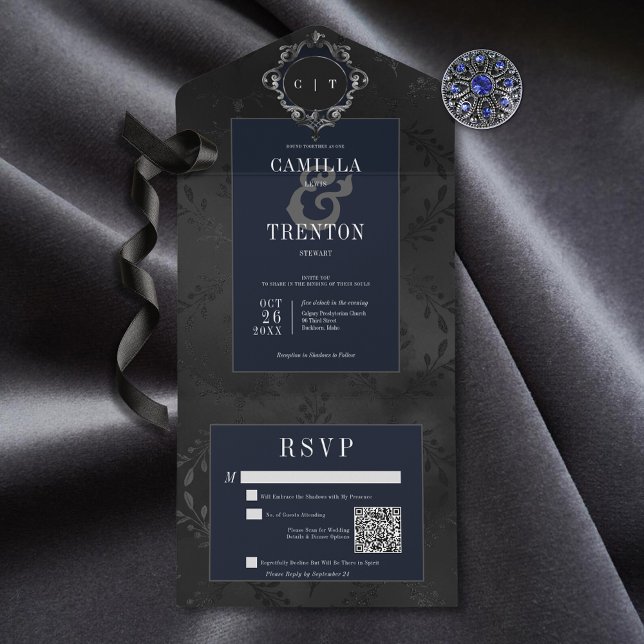 Código QR de Satin Floral Azul e Preto Gótico Escu (Also available without a QR code; with or without dinner selection options.)
