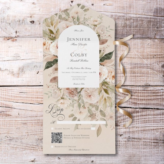 Código QR do Arco Floral Rústico Neutro Tan & Crea (Rustic Neutral Tan & Cream Floral Arch QR Code All In One Invitation)