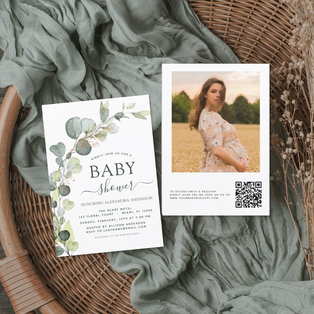 Código QR do Chá de Bebê Foto Greenery Eucalipto (Criador carregado)