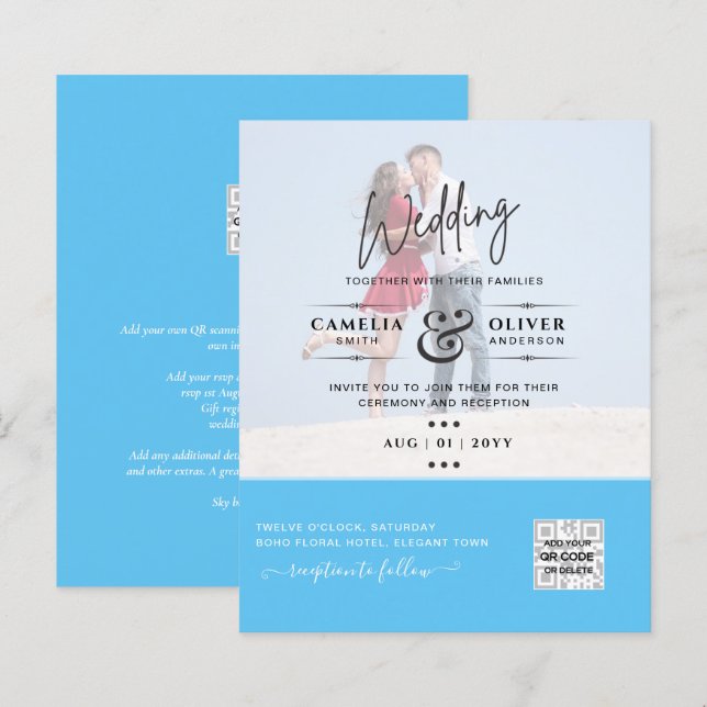 Código QR do Convite de Casamento Foto Azul Chic S (Frente/Verso)
