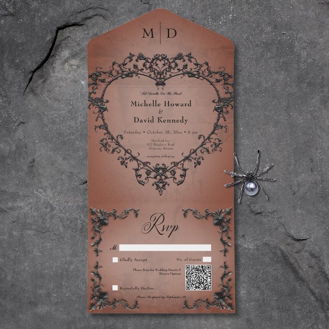 Código QR do Coração do Coração Preto e Pó Gótico (Gothic Black & Rust Filigree Heart QR Code All In One Invitation)