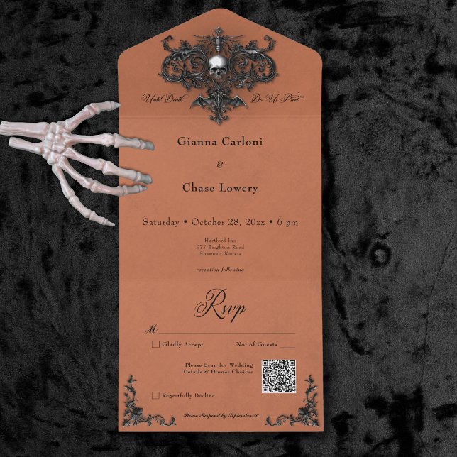 Código QR do Filigre de Halloween Preto e Rust Gót (Gothic Black & Rust Halloween Filigree QR Code All In One Invitation)