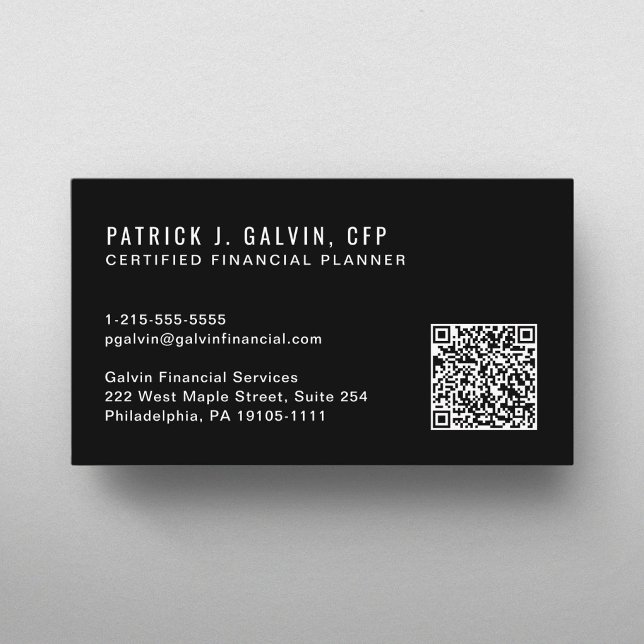 Código QR do Planejador Financeiro Certificado CFP (CFP Certified Financial Planner QR Code Black Business Card)