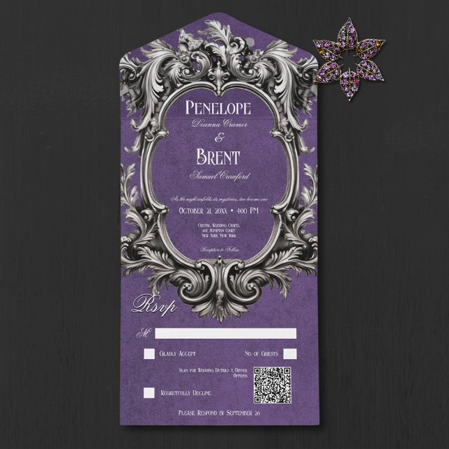 Código QR do Quadro Vitoriano da Moody Purple góti (Gothic Purple Moody Victorian Frame QR Code All In One Wedding Invitation)