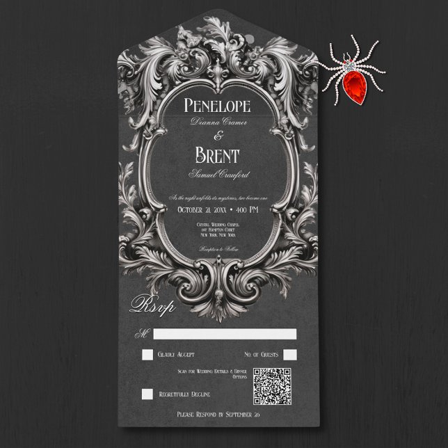 Código QR do Quadro Vitoriano de Moody Negro Gótic (Gothic Black Moody Victorian Frame QR Code All In One Invitation)