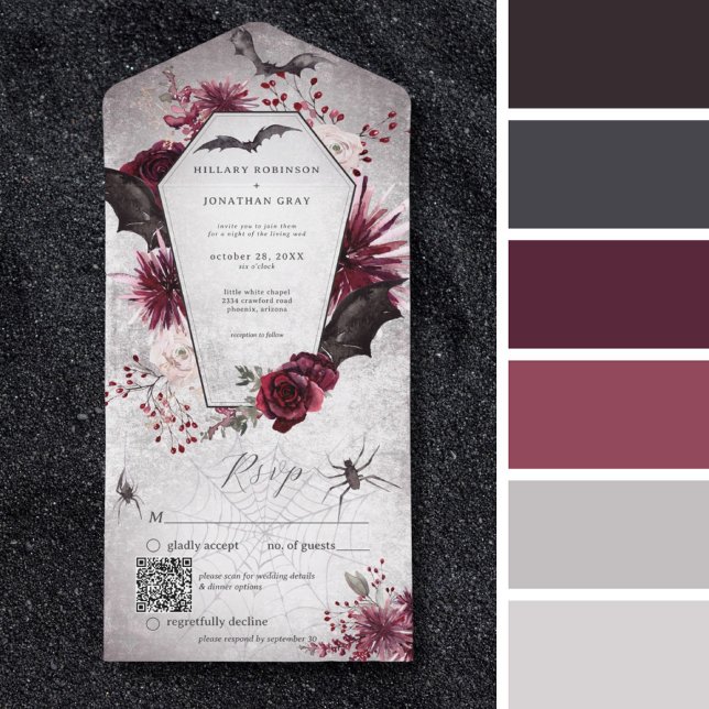 Código QR do Rutão Negro Turco de Halloween (Rustic Gothic Black Burgundy Halloween Matching Colors Palette)