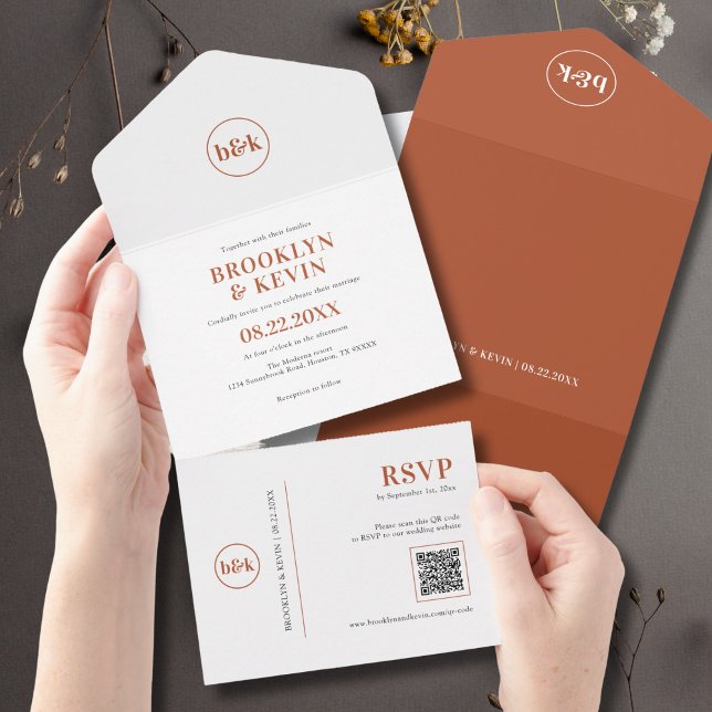 Código QR do Terracotta Rust do orçamento mínimo + (Minimalist Budget Terracotta Rust QR Code + RSVP All In One Invitation)