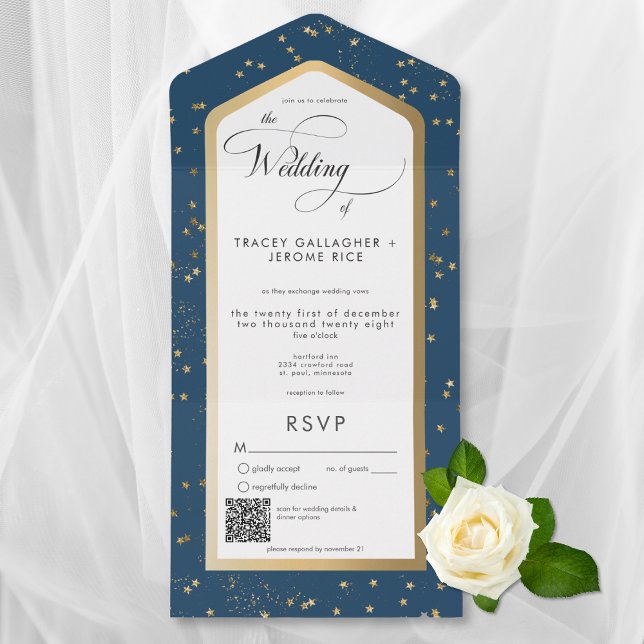 Código QR Dourado Azul e Branco Moderno (Modern Blue & White Starry Gold All In One Wedding Invitation with QR Code)