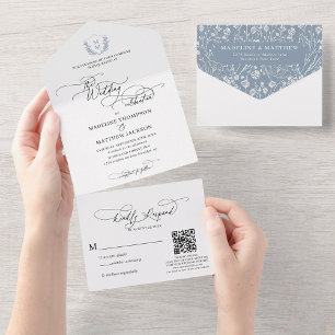 Código QR Dusty Blue Floral Crest Monograma Casame
