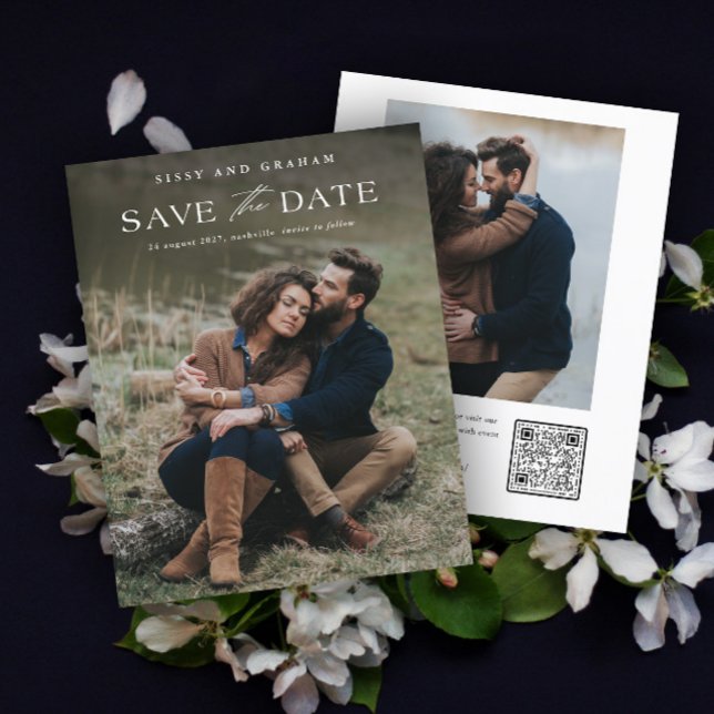 Código QR Elegante 2 Foto Casamento Salvar a Data (Elegant QR Code 2 Photo Save the Date Card.)