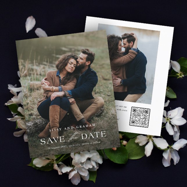 Código QR Elegante 2 Foto Casamento Salve a Data (Elegant QR Code 2 Photo Save the Date Card.)