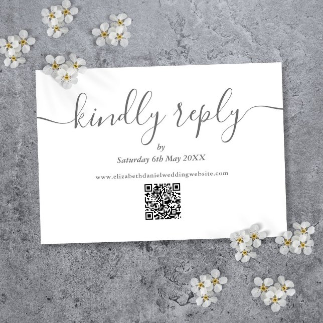 Código QR Elegante Resposta Gentil Script Cinza e  (QR Code Elegant Script Kindly Reply Gray And White RSVP Card)