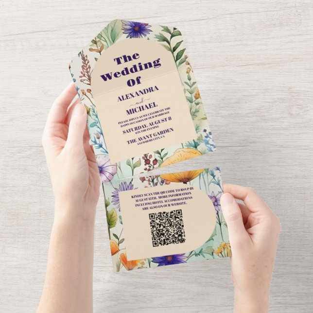 Código QR Elegante Watercolor Flores Selvagens Cas (Aba destacável)