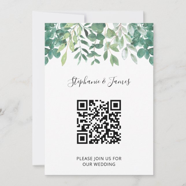 Código QR Eucalyptus Greenery Convite para Casamen (Frente)