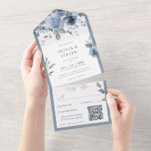 Código QR Floral Azul Dusty Tudo em Um Convite