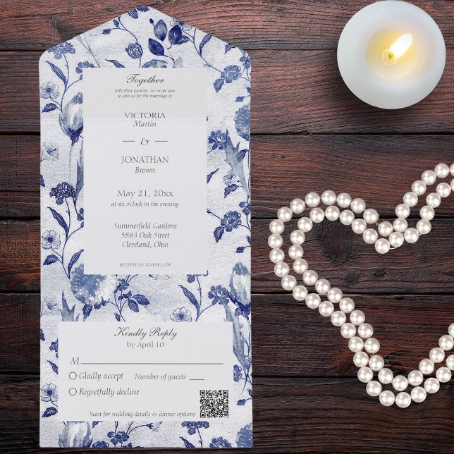 Código QR Floral Azul Vintage (Also available without QR code. )