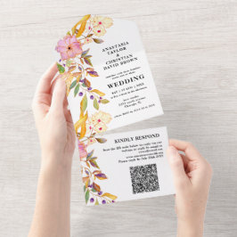 Código QR Floral Beige, Tudo Em Um Convite