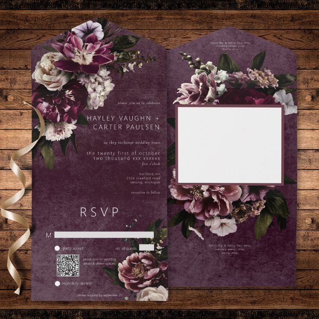 Código QR Floral Branco e Borgonha Escura (Dark Elegant Burgundy & White Floral QR Code All In One Invitation)