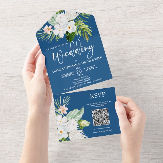 Código QR Floral Clássico Azul, Tudo em Um Convite (Tearaway)