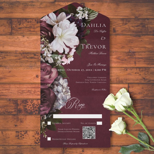 Código QR Floral de Borgonha Escuro e Creme (Dark Elegant Burgundy & Cream Floral QR Code All In One Invitation)
