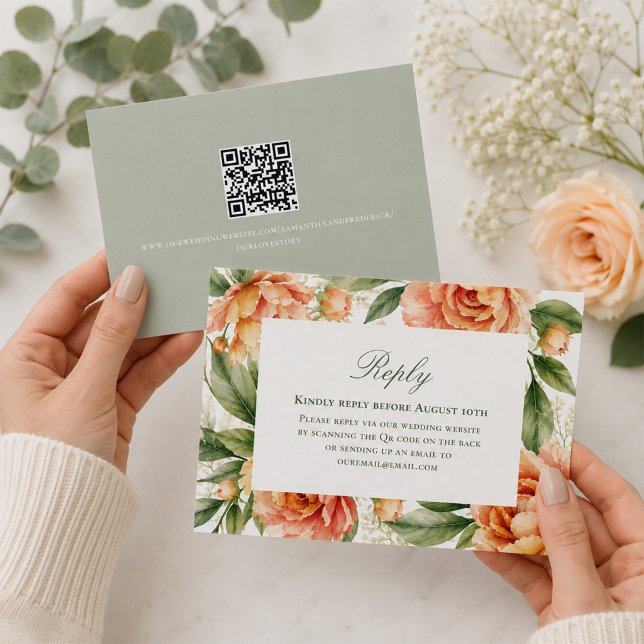 Código QR Floral de Pêssego para Resposta de Convi (Elegant floral RSVP card with QR code for quick and convenient guest responses.)