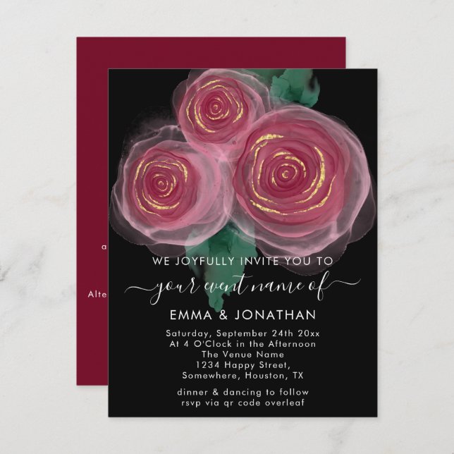 Código QR Floral de rosas Dourado Borgonha Preto (Frente/Verso)