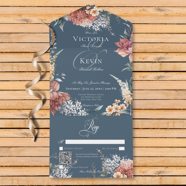 Código QR Floral do Jardim Azul Romântico Moderno (Modern Romantic Blue Garden Floral QR Code All In One Invitation)