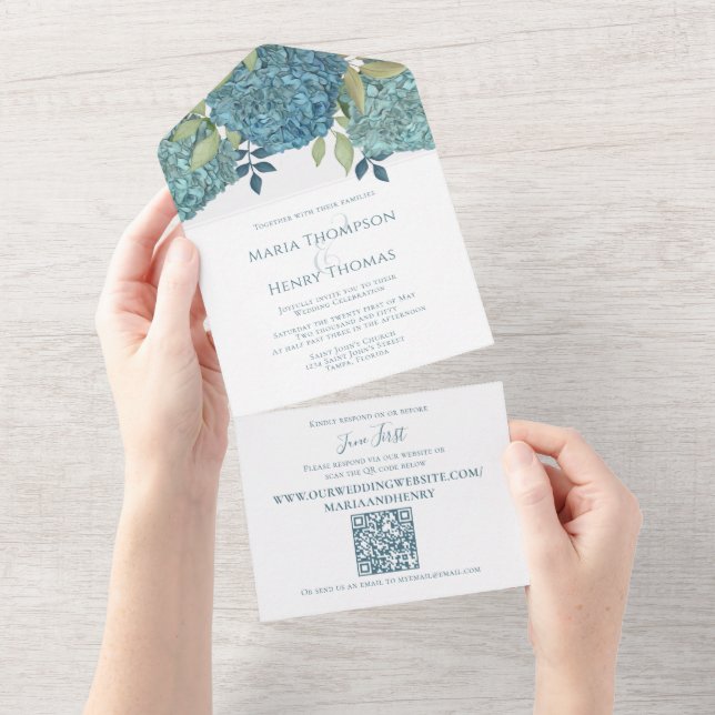 Código QR Floral Elegante de Hortênsias Azuis para (Aba destacável)