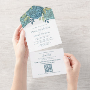 Código QR Floral Elegante de Hortênsias Azuis para