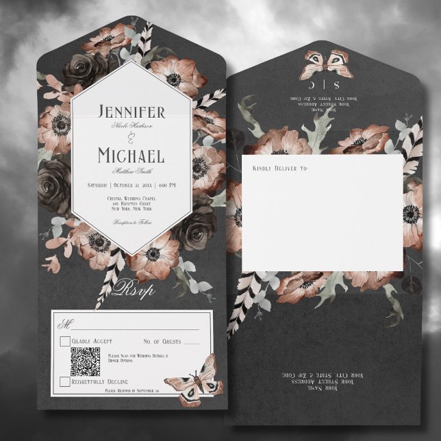 Código QR Floral Gótico Boho Moth Black & Brown (Gothic Boho Moth Black & Brown Floral All In One Wedding Invitation with QR Code)