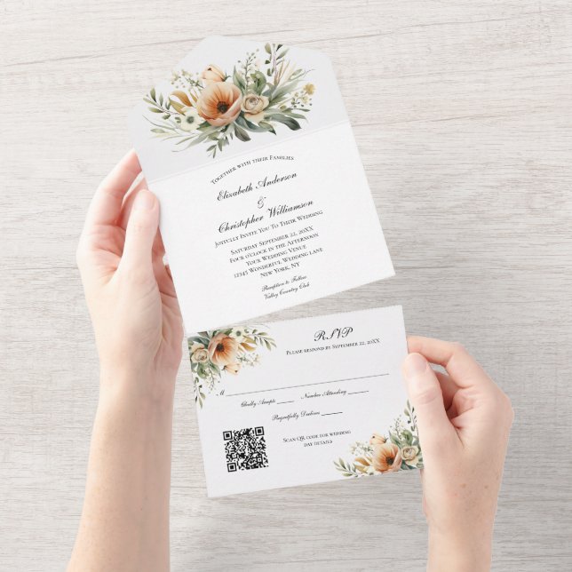 Código QR Floral Neutro Bege Pêssego Casamento  (Tearaway)