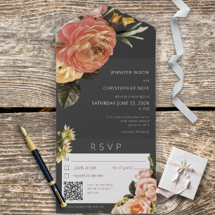Código QR Floral Preto Moderno Peach Mimosa