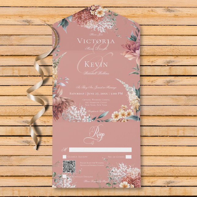 Código QR Floral Românico Moderno do Jardim Rosa (Modern Romantic Pink Garden Floral QR Code All In One Wedding Invitation)