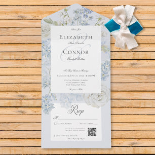 Código QR Floral Romântico Azul e Jardim Branco