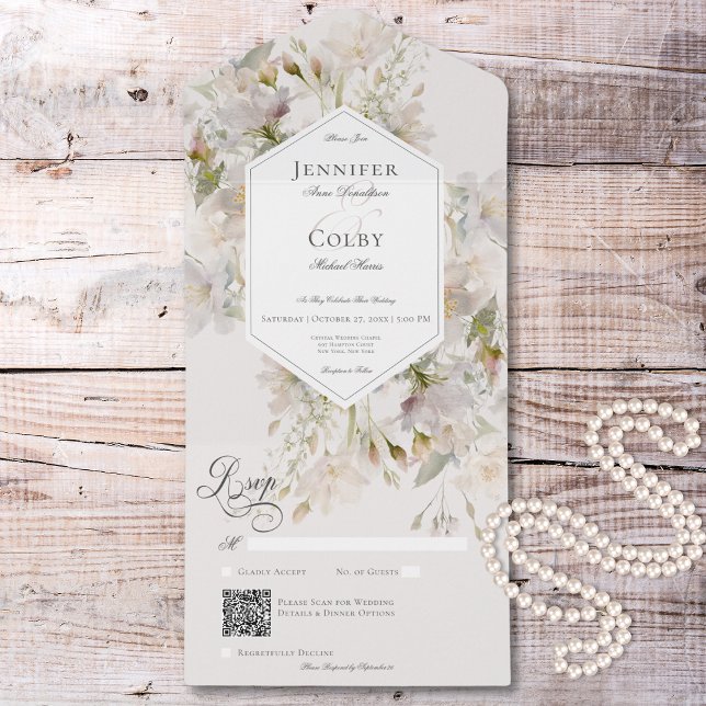 Código QR Floral Romântico Branco e Rosa (Romantic Muted White & Pink Floral QR Code All In One Invitation)
