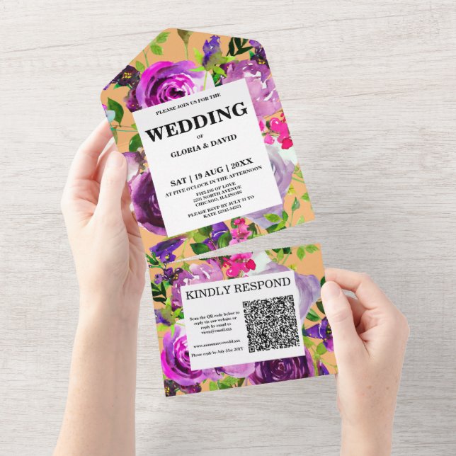 Código QR Floral Romântico Roxo (Aba destacável)
