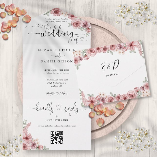Código QR Floral Rosa Empoeirado Corações Casament (Dusty Rose Floral QR Code Script Hearts Wedding All In One Invitation)